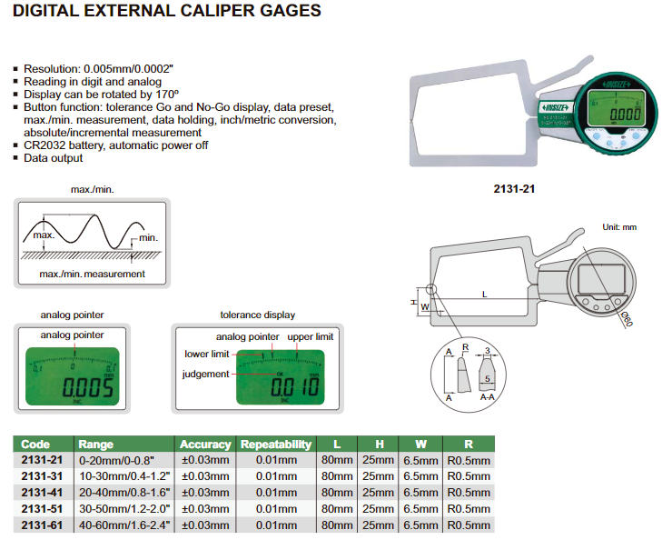 L=80mm　Digital　2131-21　gauge　INSIZE　external　0.01mm　caliper　0-20mm
