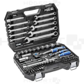 Socket set 1/2"-1/4"  6-kant  85pcs. 4-32 plastik case with ring ratchet HT1R425 HÖGERT