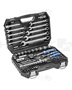 Socket set 1/2"-1/4"  6-kant  85pcs. 4-32 plastik case with ring ratchet HT1R425 HÖGERT